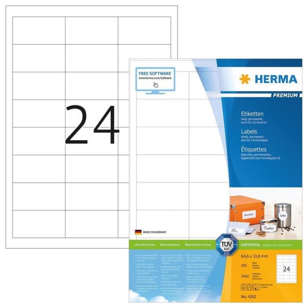 HERMA Etiketter vit 64,6x33,8 Premium A4 2400 st.