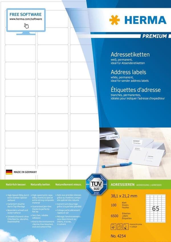 HERMA Adresselabels Premium A4 38,1x21,2 mm runde hjørner hvidt papir mat 6500 stk.