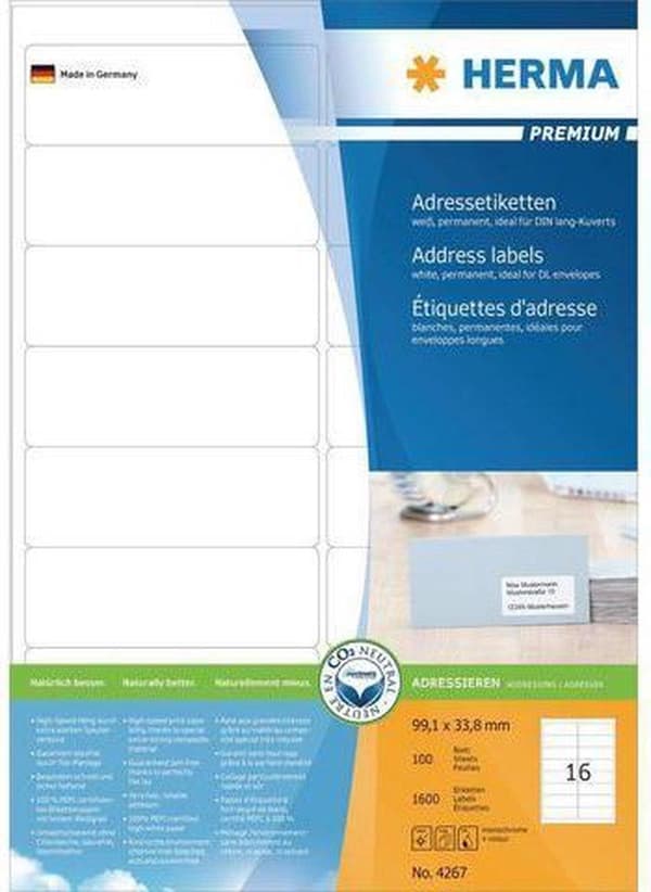 HERMA Tarrat valkoinen 99,1x33,8 Premium A4 1600 kpl.