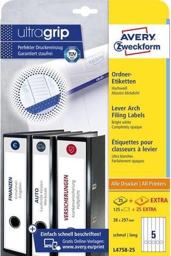 Avery Fil Baksida Etiketter Zweckform 29,7 X 38 Mm Vit 125 stycken