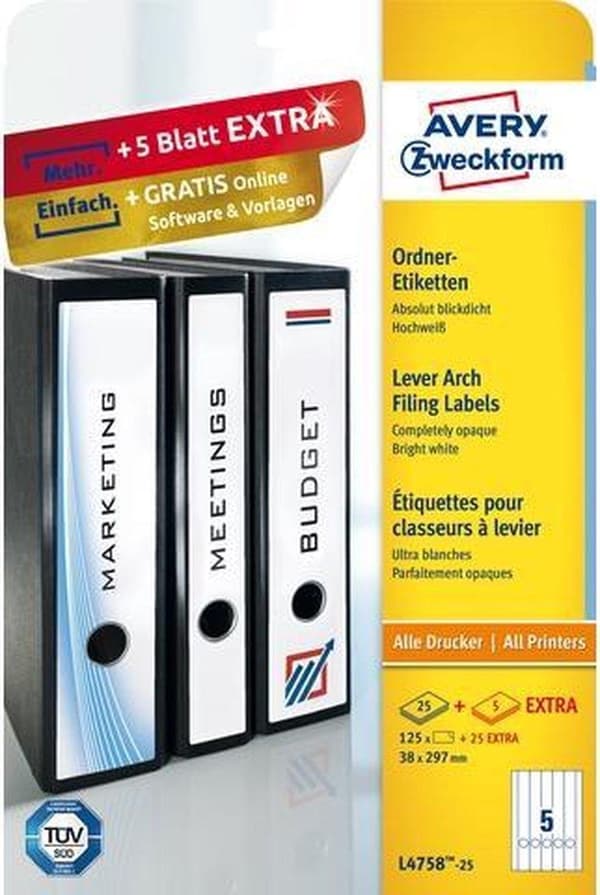 Avery Fil Baksida Etiketter Zweckform 29,7 X 38 Mm Vit 125 stycken