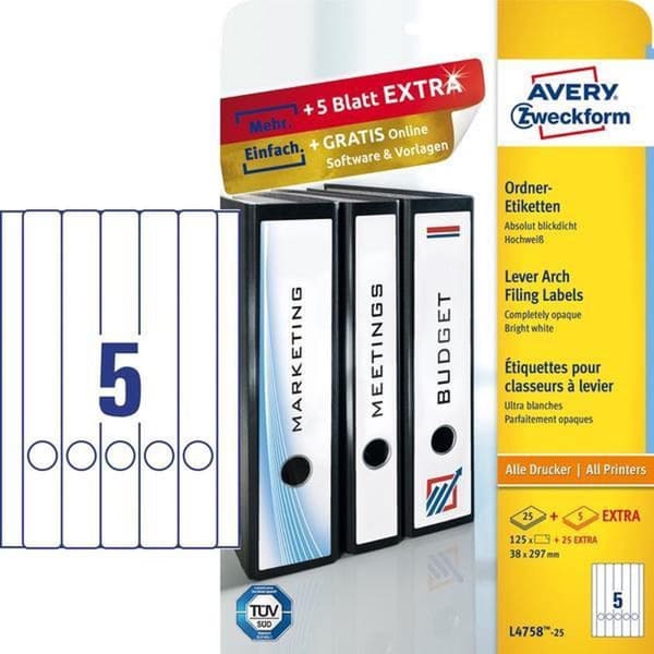 Avery Fil Baksida Etiketter Zweckform 29,7 X 38 Mm Vit 125 stycken
