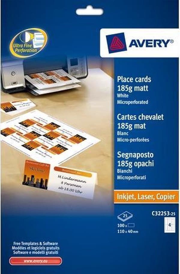 Bordskort Avery 110x40mm - 185gr vit låda 25 ark 4 krt pe