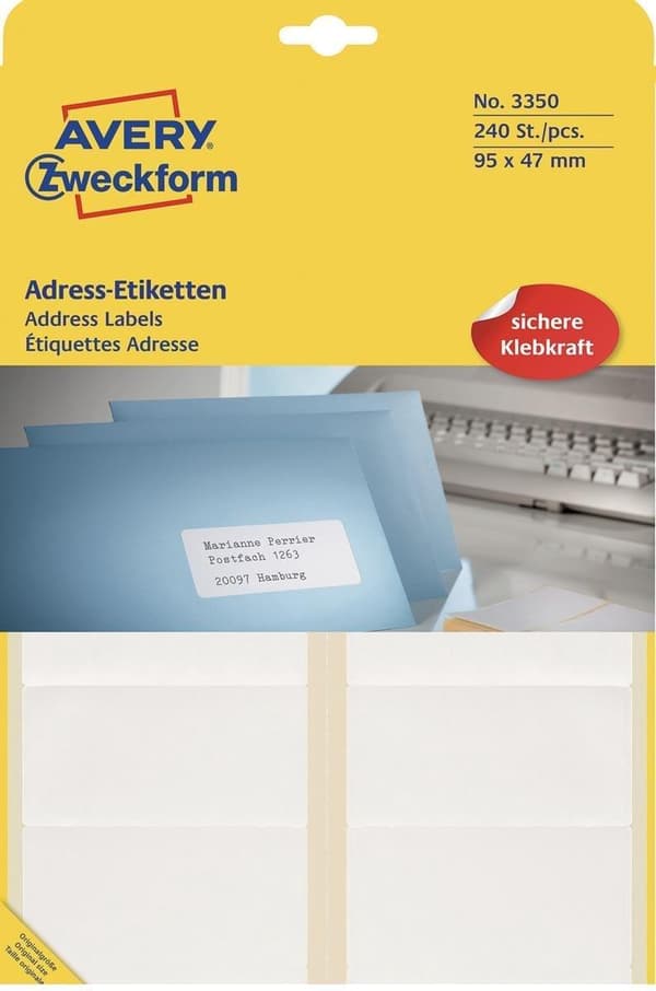 Avery adressetiketter 95 x 47 mm (bxh), vit, kartong med 240 etiketter