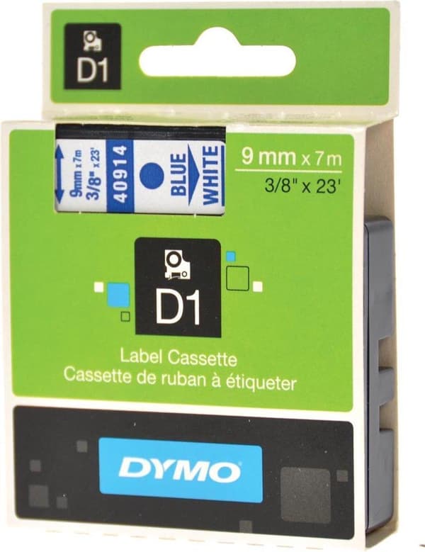 DYMO D1 -Standardetiketter - Blå på hvid - 9mm x 7m