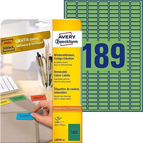 Avery Zweckform L6049 - Aftagelige etiketter - grøn - 25,4 x 10 mm - 3780 label(s) (20 ark x 189) (L6049-20)