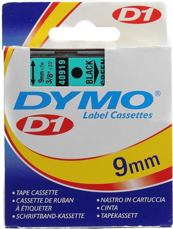 DYMO D1 Standard 9mm x 7m 40919 sort på grøn (gammel version).