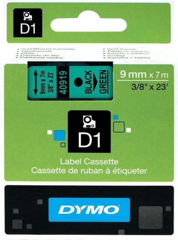 DYMO D1 Standard 9mm x 7m 40919 sort på grøn (gammel version).