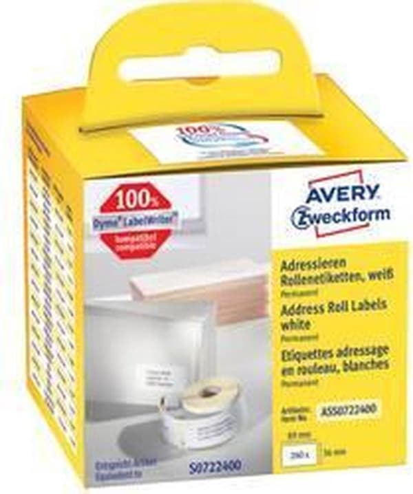 Avery-Zweckform Etikettrulle Kompatibel ersätter DYMO, Seiko 99012, S0722400 89 x 36 mm Papper Vit 260 st Permanenta adressetiketter ASS0722400