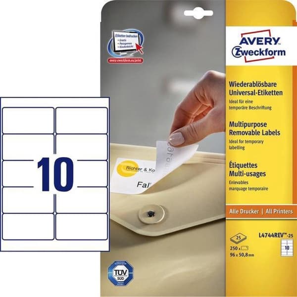 Avery aftagelige etiketter, hvide, 96,0 x 63,5 mm, aftagelige