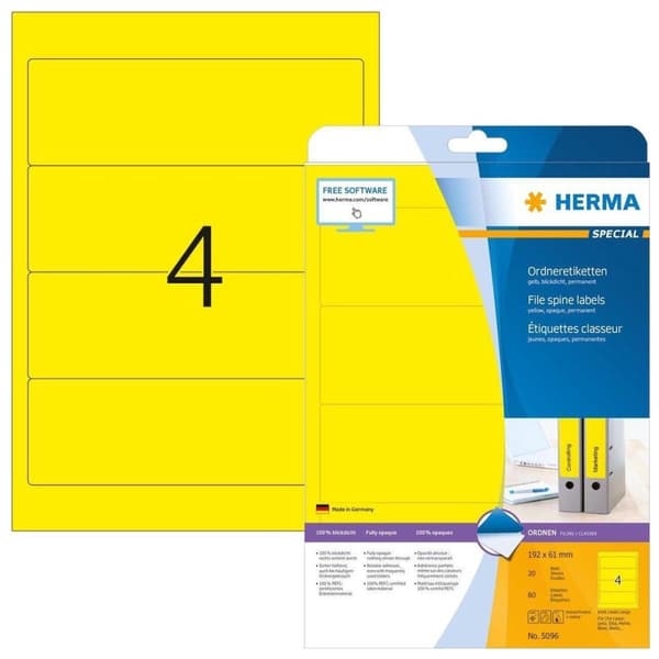 Herma mappeetiketter gul192X61 20 ark DIN A4 80 stk 5096
