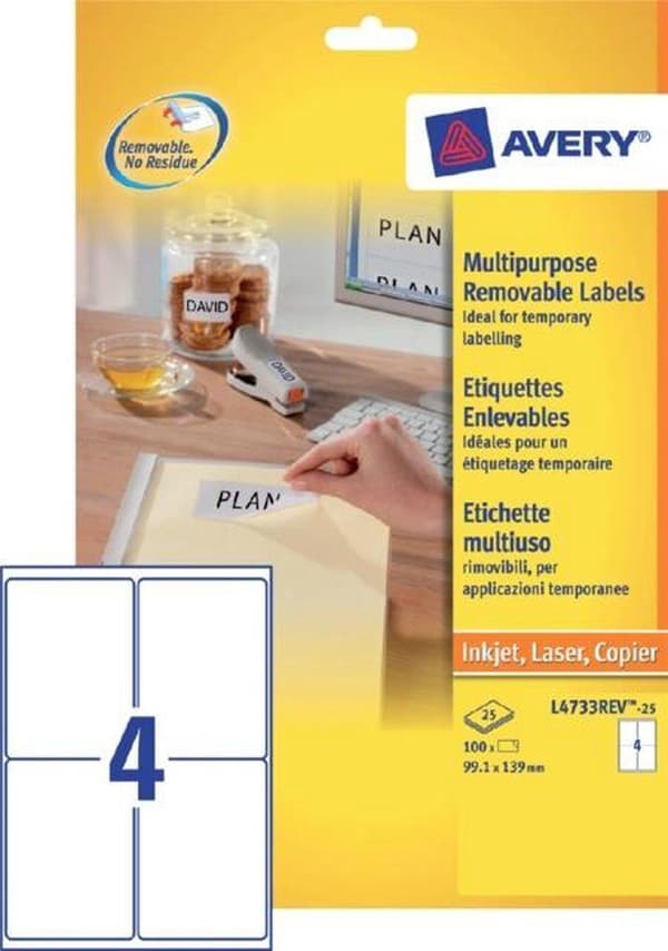 Avery aftagelige etiketter, hvide, 99,1 x 139,0 mm, aftagelige