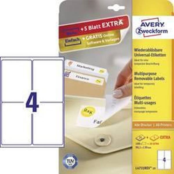 Avery aftagelige etiketter, hvide, 99,1 x 139,0 mm, aftagelige