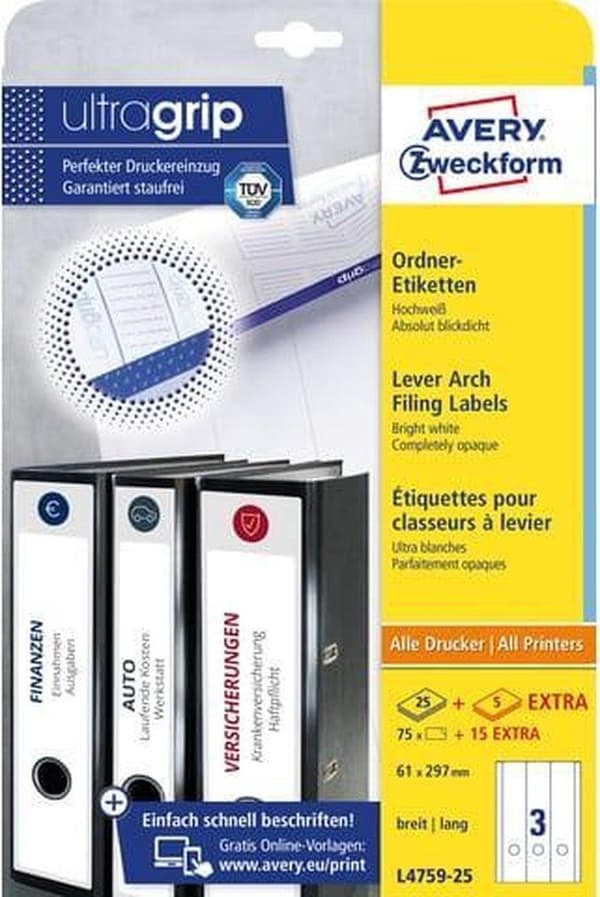 Avery File baketiketter, vit, 61,0 x 297,0 mm, permanent lim