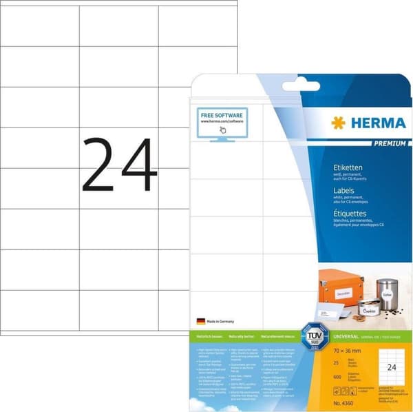 HERMA Etiketter hvid 70x36 Premium A4 600 stk.