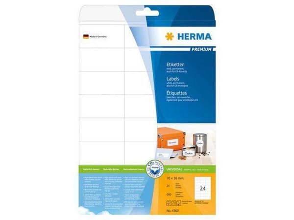 HERMA Etiketter hvid 70x36 Premium A4 600 stk.