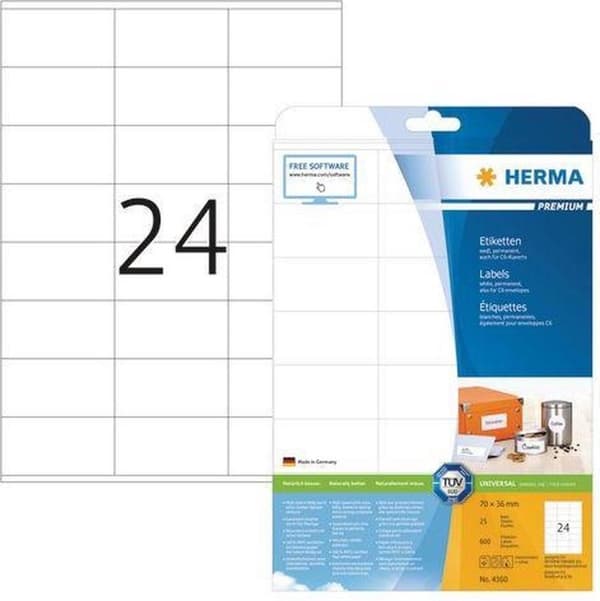 HERMA Etiketter hvid 70x36 Premium A4 600 stk.