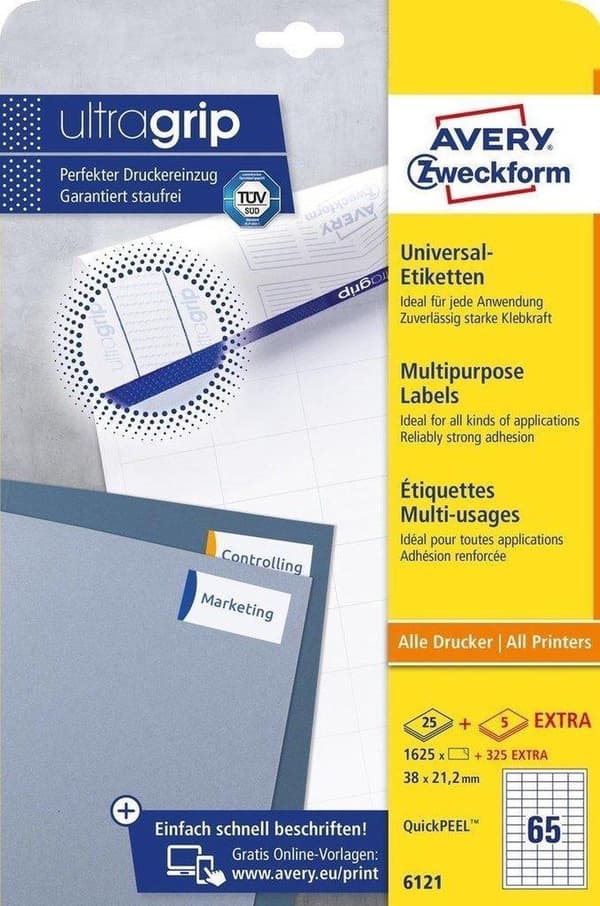 Avery white yleistarrat QuickPeel ft 38 x 212 mm, 2275 kpl (1950 + 325 extra)