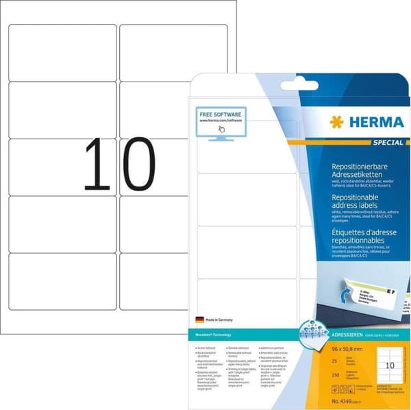 Herma Adr.Etik. Movabels 96x50,8 25 ark DIN A4 250 st 4349