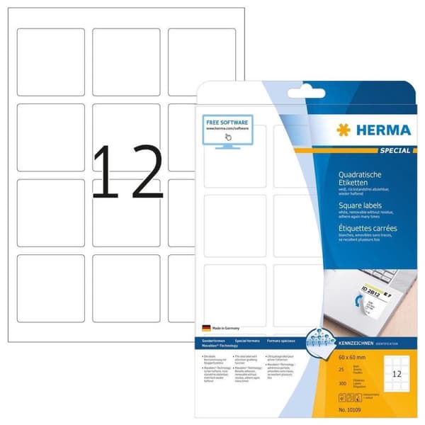 HERMA 10109 Etikett. A4 vit 60x60 mm fyrkant 300 st.