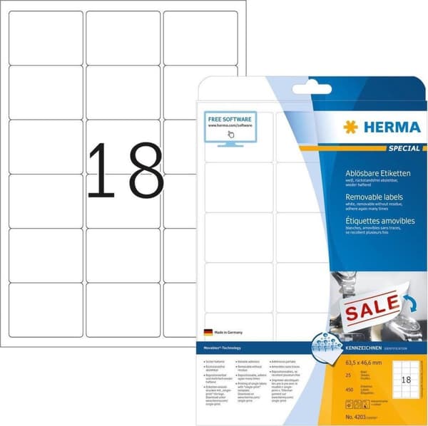 HERMA Etiketter vit Lösör/bredd. 63,5x46,6 A4 450 st.
