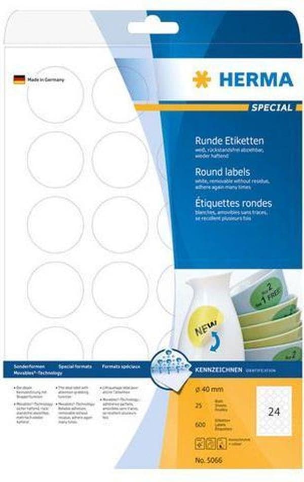 Herma 5066 Flytbare etiketter Ø 40 runde 25 ark DIN A4 600 stk.
