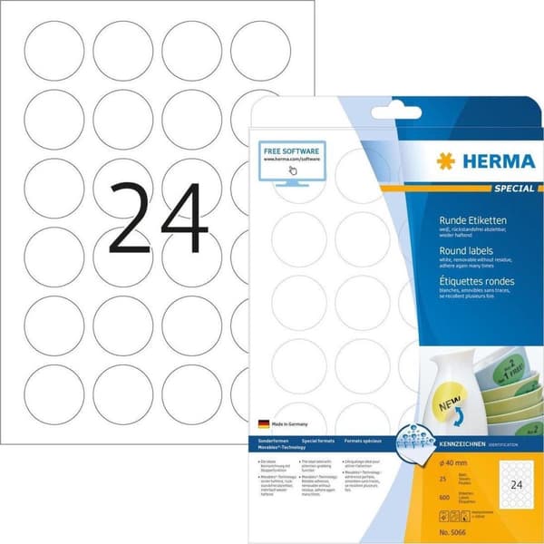 Herma 5066 Flytbare etiketter Ø 40 runde 25 ark DIN A4 600 stk.