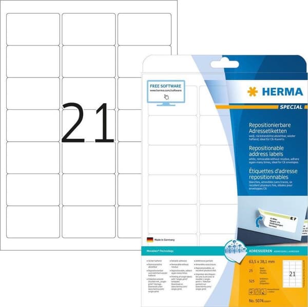 Herma Labels vit 63,5x38,1 avtagbar SuperPrint 525 st.
