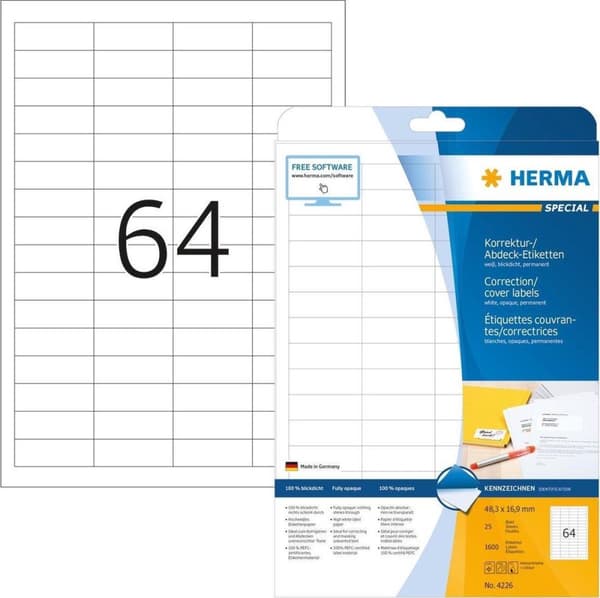HERMA Abdecketik. A4 hvid 48,3x16,9 mm Papir uigennemsigtig 1600 stk.