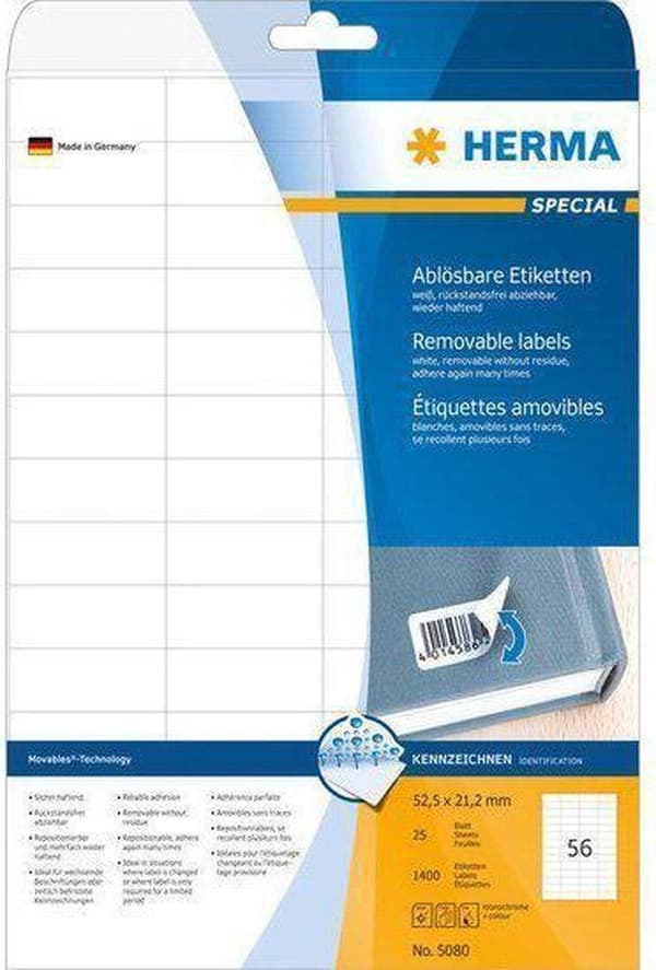 Herma Labels vit 52,5x21,2 avtagbar SuperPrint 1400 st.