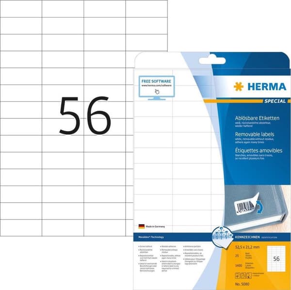Herma Labels vit 52,5x21,2 avtagbar SuperPrint 1400 st.
