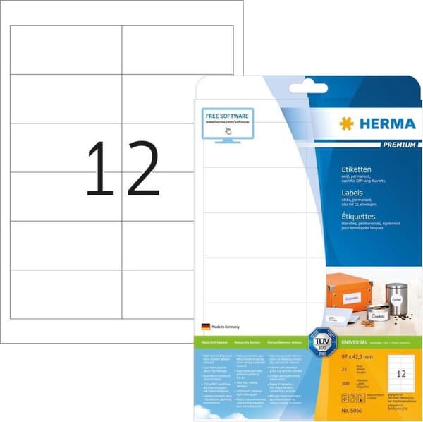 Herma Prem. etiketter 97x42,3 25 ark DIN A4 300 stk 5056