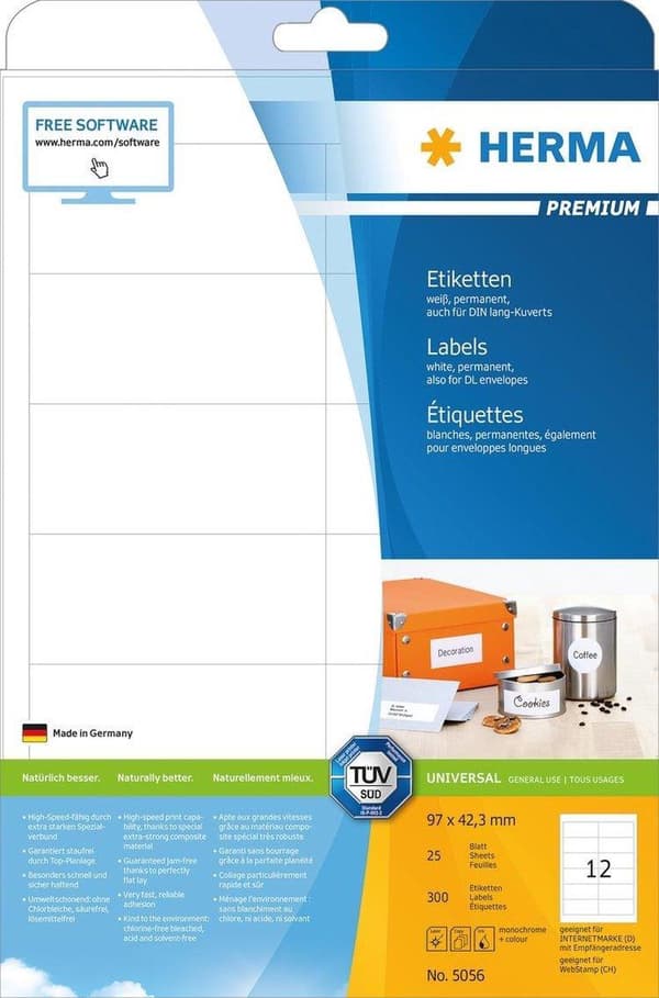 Herma Prem. etiketter 97x42,3 25 ark DIN A4 300 st 5056