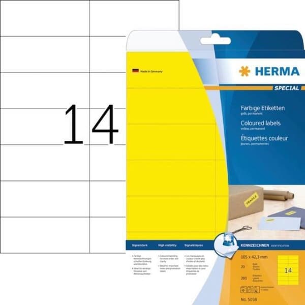 Herma etiketter gul 105x42,3 20 ark DIN A4 280 st 5058