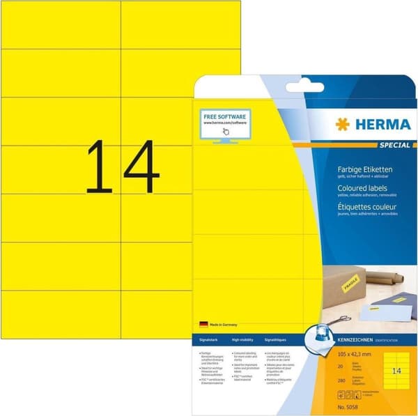 Herma etiketter gul 105x42,3 20 ark DIN A4 280 st 5058