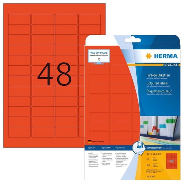 HERMA Etiketter röd 45,7x21,2 A4 960 st.