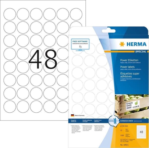 HERMA Labels A4 valkoinen 30 mm pyöreä erittäin tarttuva 1200 kpl.