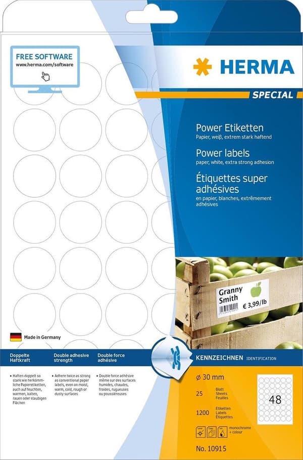 HERMA Labels A4 valkoinen 30 mm pyöreä erittäin tarttuva 1200 kpl.