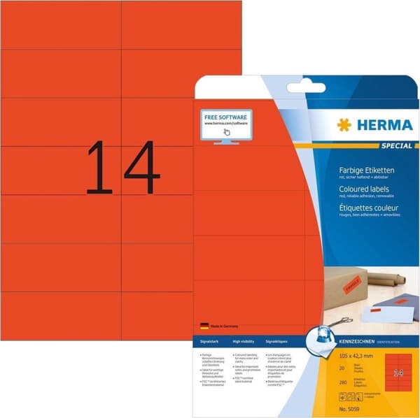 Herma etiketter rød 105x42,3 20 ark DIN A4 280 stk 5059