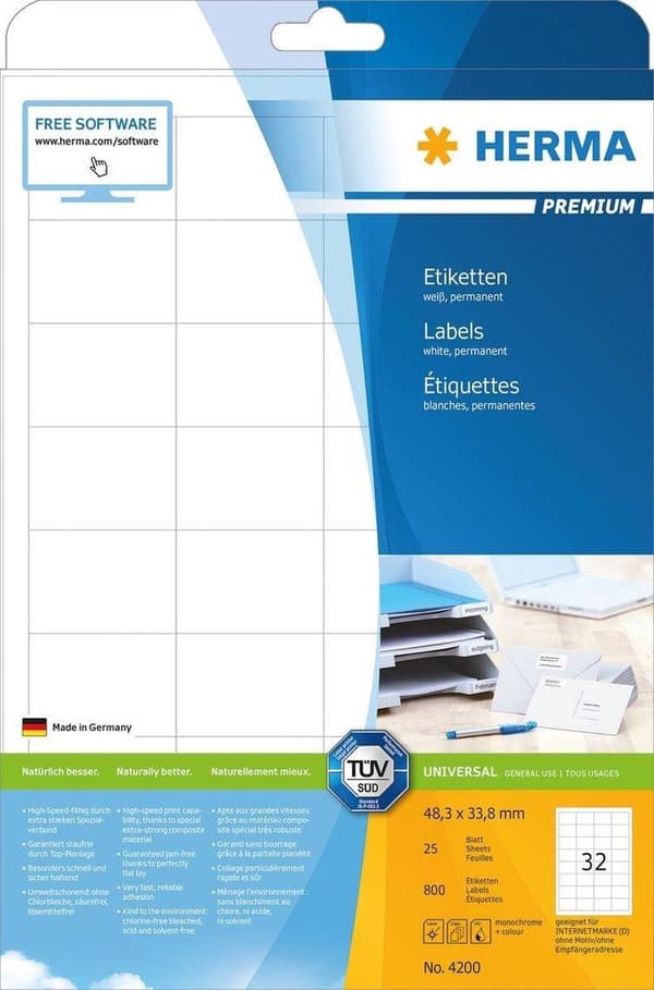 HERMA Etiketter hvid 48,3x33,8 Premium A4 800 stk.