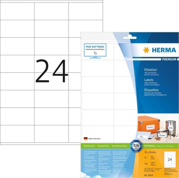 Herma Labels 70x36 valkoinen Matta 10 arkkia DIN A4 240 kpl