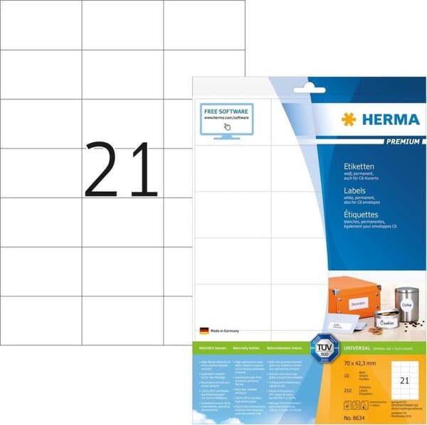 HERMA premium labels hvid 70X42,3mm 10 ark A4 210 stk.