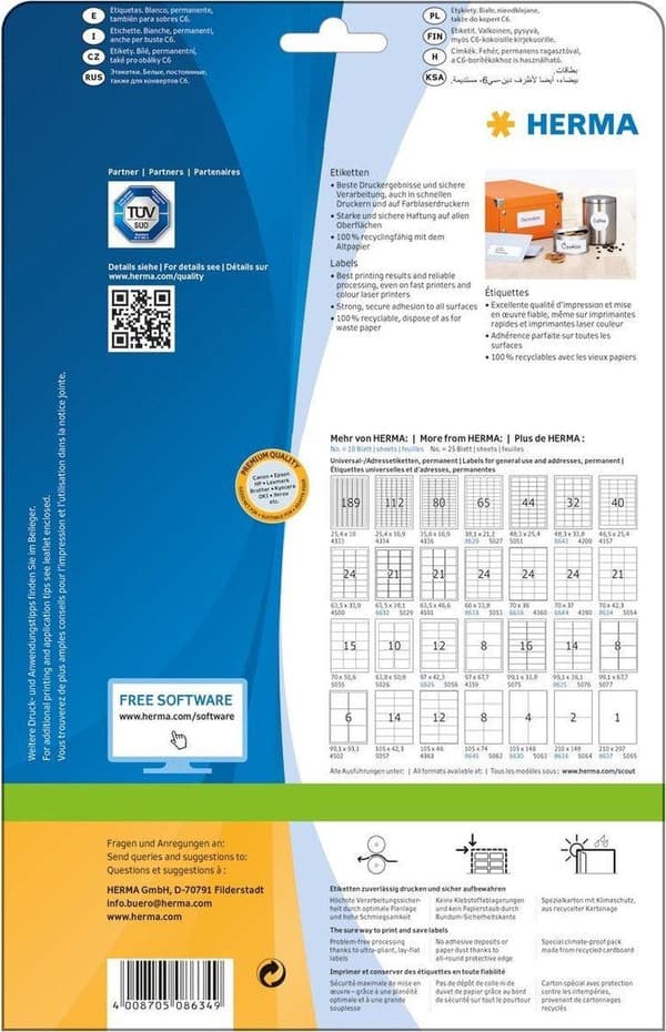 HERMA premium labels hvid 70X42,3mm 10 ark A4 210 stk.