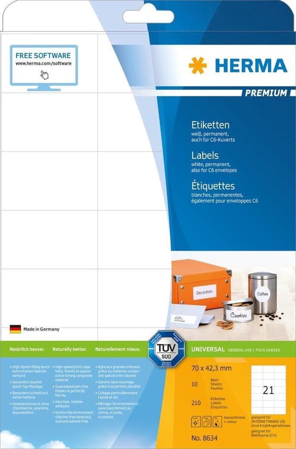 HERMA premium labels hvid 70X42,3mm 10 ark A4 210 stk.