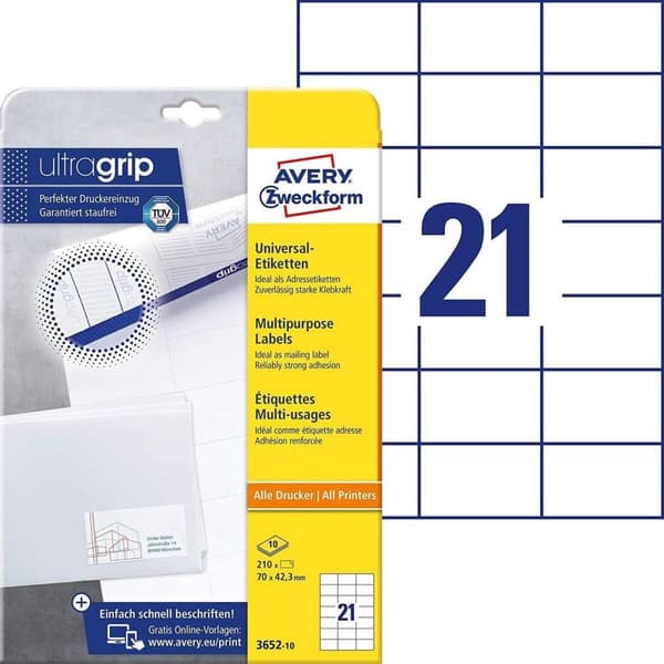 Avery-Zweckform 3652-10 Etiketter 70 x 42,3 mm Papper Vit 210 st Permanenta Universaletiketter Bläck, Laser, Kopia 10 ark DIN A4