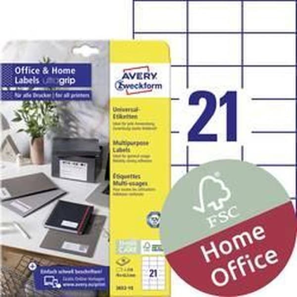 Avery-Zweckform 3652-10 Etiketter 70 x 42,3 mm Papper Vit 210 st Permanenta Universaletiketter Bläck, Laser, Kopia 10 ark DIN A4