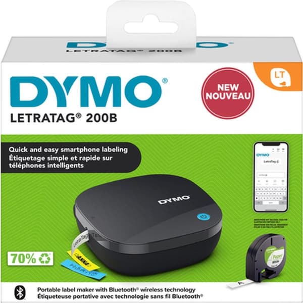 DYMO LetraTag 200B Bluetooth Label Maker | Kompakti tarratulostin | Yhteys langattomalla Bluetooth-tekniikalla iOS:n ja Androidin kanssa | Sisältää 1