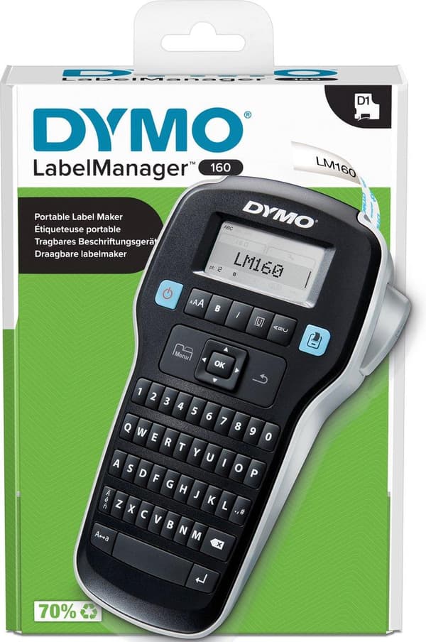 DYMO LabelManager 160 6/9/12 mm D1-tejper QWY UK/HK/ANZ (2174612) Svart, Silver