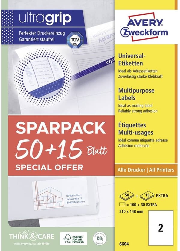 Avery-Zweckform 6604 210 x 148 mm Papir Hvid 130 stk. Permanente Universaletiketter Laser 65 ark DIN A4
