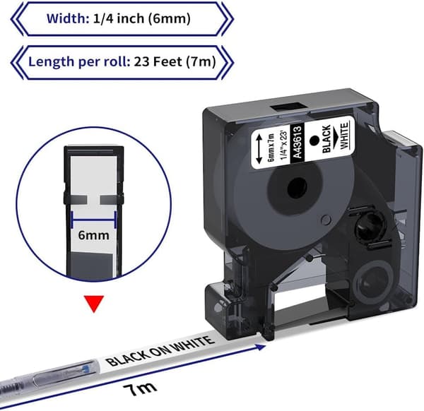 Dymo erstatning Casse Roll | 43613 | Svart tekst - hvit tape